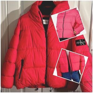 Calvin Klein Jeans Hooded Boxy Cropped Puffer Jacket in Hot Pink, Size 2X. EUC!